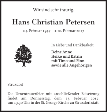 Traueranzeige von Hans Christian Petersen von Schleswiger Nachrichten