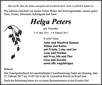 Traueranzeige von Helga Peters von Eckernförder Zeitung