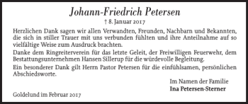 Traueranzeige von Johann-Friedrich Petersen von Flensburger Tageblatt