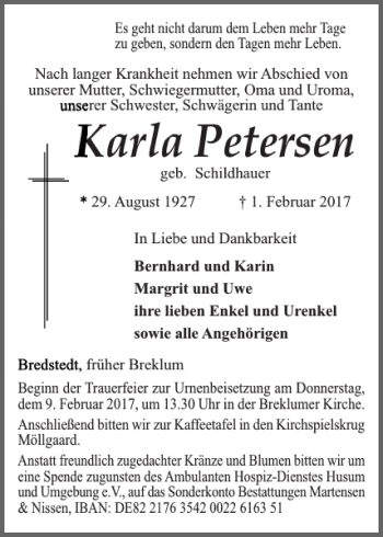 Traueranzeige von Karla Petersen von Husumer Nachrichten
