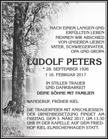 Traueranzeige von LUDOLF PETERS von Flensburger Tageblatt