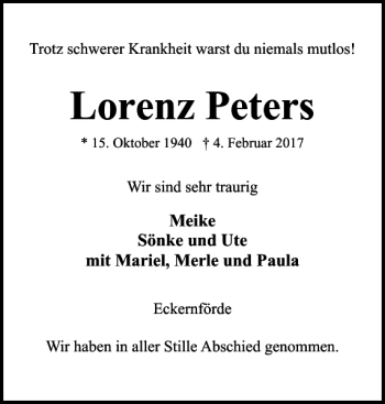 Traueranzeige von Lorenz Peters von Eckernförder Zeitung