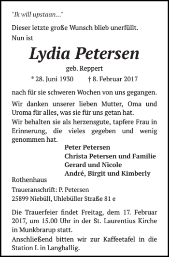 Traueranzeige von Lydia Petersen von Flensburger Tageblatt