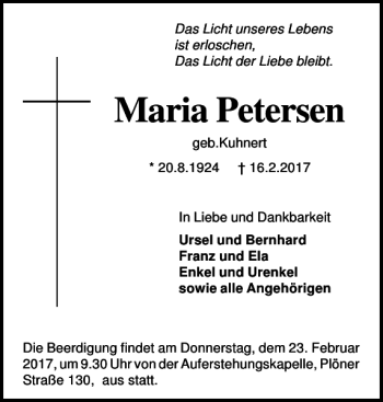 Traueranzeige von Maria Petersen von Holsteinischer Courier