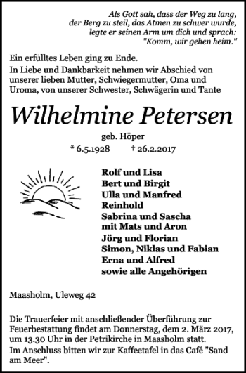 Traueranzeige von Wilhelmine Petersen von Schlei-Bote