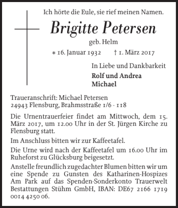 Traueranzeige von Brigitte Petersen von Flensburger Tageblatt