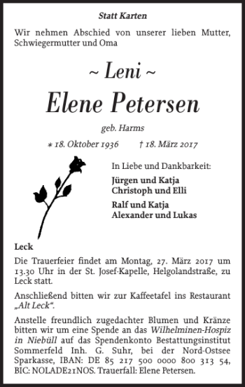 Traueranzeige von Elene Petersen von Nordfriesland Tageblatt