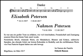 Traueranzeige von Elisabeth Petersen Petersen von Flensburger Tageblatt