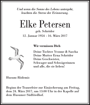 Traueranzeige von Elke Petersen von Husumer Nachrichten