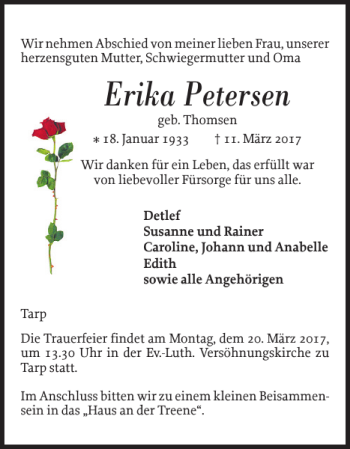 Traueranzeige von Erika Petersen von Flensburger Tageblatt