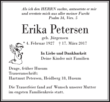 Traueranzeige von Erika Petersen von Husumer Nachrichten