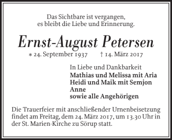 Traueranzeige von Ernst-August Petersen von Flensburger Tageblatt