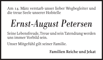 Traueranzeige von Ernst-August Petersen von Flensburger Tageblatt