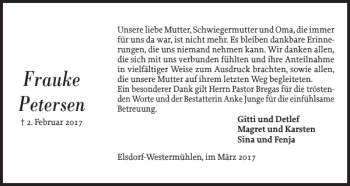 Traueranzeige von Frauke Petersen von Landeszeitung