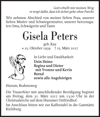 Traueranzeige von Gisela Peters von Husumer Nachrichten