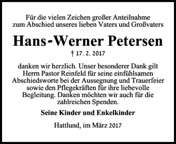 Traueranzeige von Hans-Werner Petersen von Flensburger Tageblatt