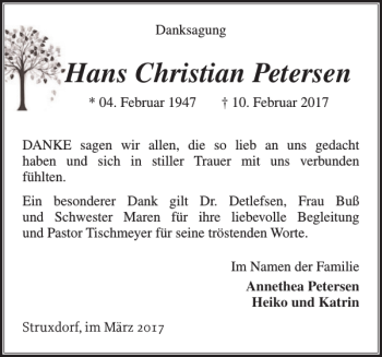 Traueranzeige von Hans Christian Petersen von Schleswiger Nachrichten