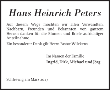 Traueranzeige von Hans Heinrich Peters von Schleswiger Nachrichten