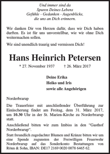 Traueranzeige von Hans Heinrich Petersen von Schleswiger Nachrichten
