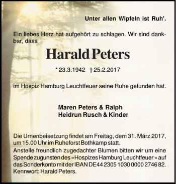 Traueranzeige von Harald Peters von Wedel-Schulauer Tageblatt