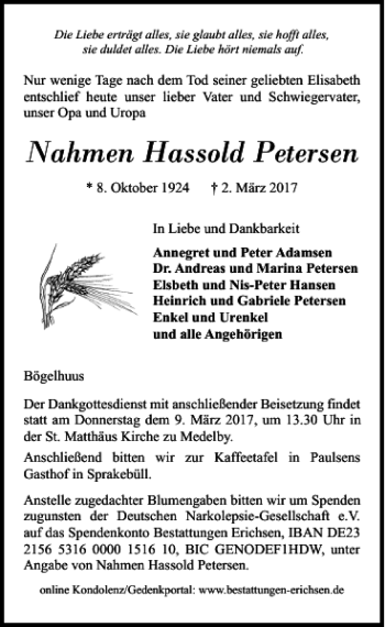 Traueranzeige von Hassold Petersen von Flensburger Tageblatt
