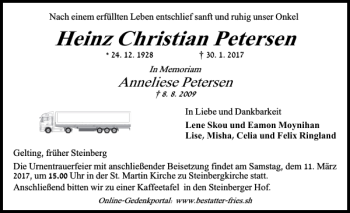Traueranzeige von Heinz Christian Petersen von Flensburger Tageblatt