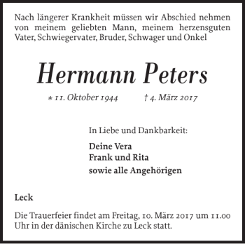 Traueranzeige von Hermann Peters von Nordfriesland Tageblatt