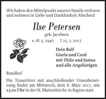 Traueranzeige von Ilse Petersen von Flensburger Tageblatt