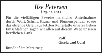 Traueranzeige von Ilse Petersen von Flensburger Tageblatt