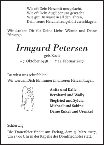 Traueranzeige von Irmgard Petersen von Schleswiger Nachrichten
