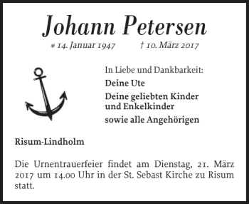 Traueranzeige von Johann Petersen von Nordfriesland Tageblatt