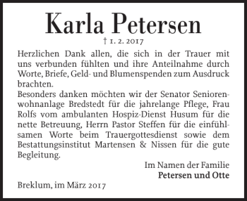 Traueranzeige von Karla Petersen von Husumer Nachrichten