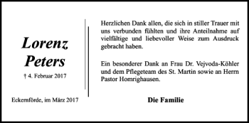 Traueranzeige von Lorenz Peters von Eckernförder Zeitung