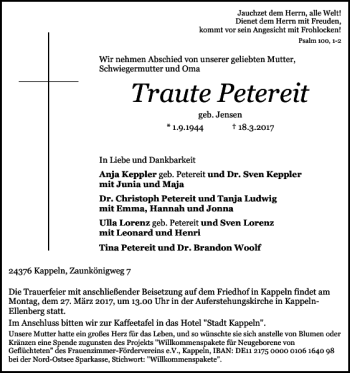 Traueranzeige von Traute Petereit von Schlei-Bote