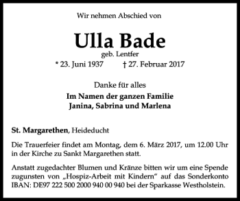 Traueranzeige von Ulla Bade von Norddeutsche Rundschau