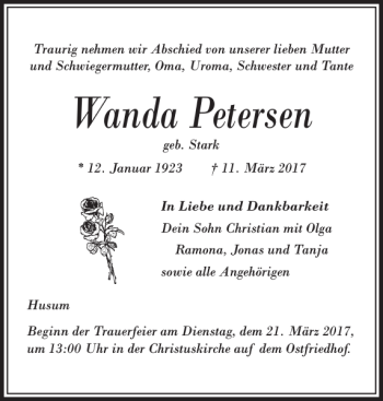 Traueranzeige von Wanda Petersen von Husumer Nachrichten