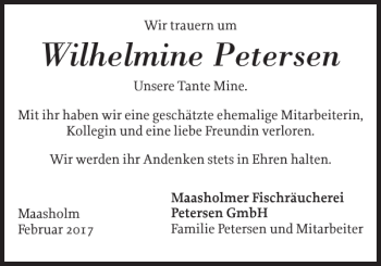 Traueranzeige von Wilhelmine Petersen von Schlei-Bote