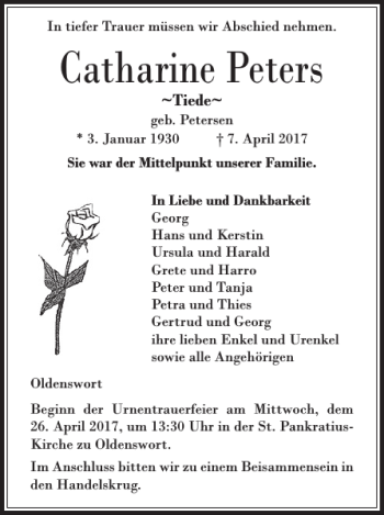 Traueranzeige von Catharine Peters von Husumer Nachrichten