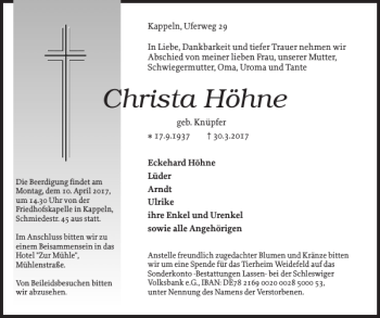 Traueranzeige von Christa Höhne von Schlei-Bote