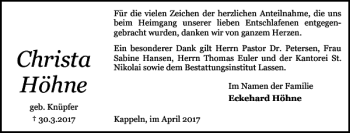 Traueranzeige von Christa Höhne von Schlei-Bote