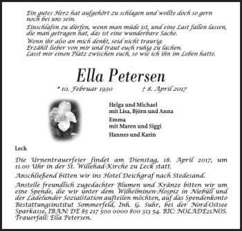 Traueranzeige von Ella Petersen von Nordfriesland Tageblatt