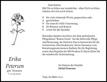 Traueranzeige von Erika Petersen von Flensburger Tageblatt