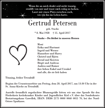 Traueranzeige von Gertrud Petersen von Husumer Nachrichten