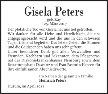 Traueranzeige von Gisela Peters von Husumer Nachrichten