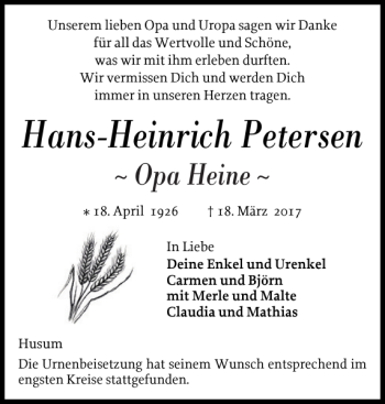 Traueranzeige von Hans-Heinrich Petersen von Husumer Nachrichten