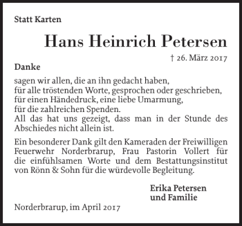 Traueranzeige von Hans Heinrich Petersen von Schleswiger Nachrichten