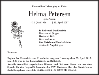 Traueranzeige von Helma Petersen von Husumer Nachrichten