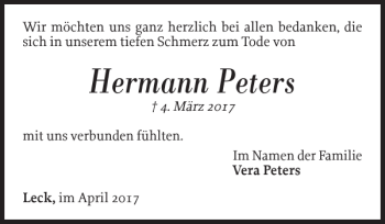 Traueranzeige von Hermann Peters von Nordfriesland Tageblatt