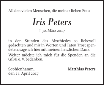 Traueranzeige von Iris Peters von Landeszeitung