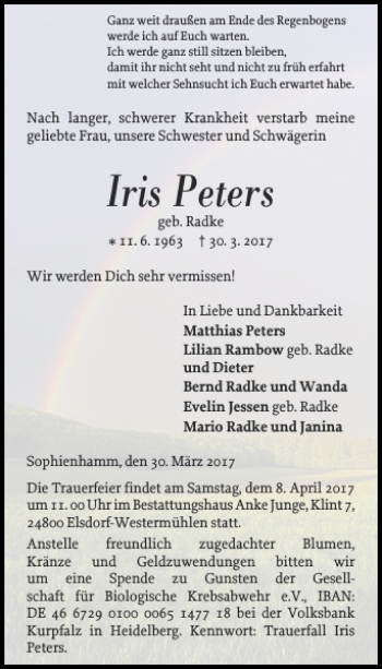 Traueranzeige von Iris Peters von Landeszeitung